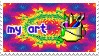 a stamp with a psychedelic kaleidoscopic background with text that reads'my art' with a cup of art supplies next to it