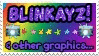 a stamp of a rainbow background. there's large text that reads 'BLINKAYZ!' and smaller text at the bottom that says '& other graphics...'. between them there are two cameras taking a picture on each side of the stamp, along with a string of rainbow stars connecting them