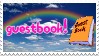 a stamp with a background of a sky with a rainbow across it with the text 'guestbook!' with a book next to it
