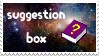 a stamp with a space background that says 'suggestion box' with a picture of a book with a question mark next to it